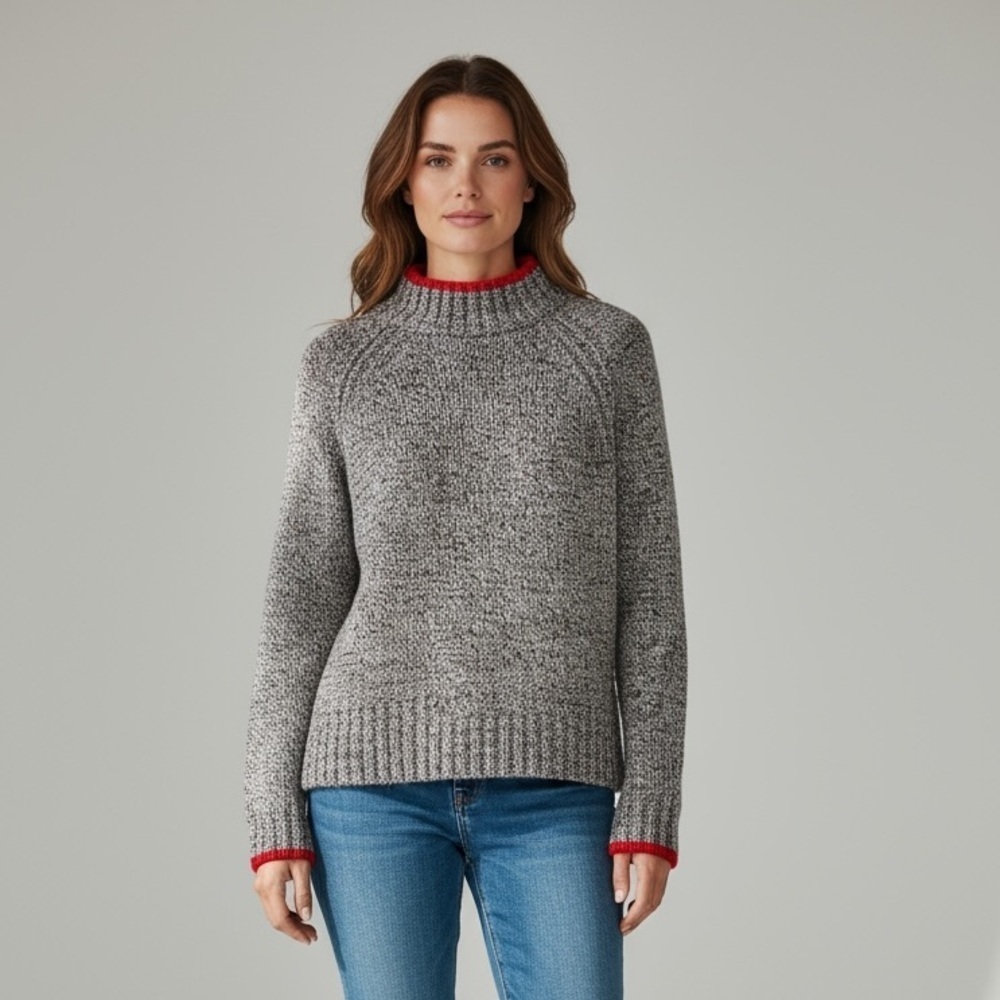 Rachel Zoe Gray Marled Mockneck Small Sweater with Red Accents